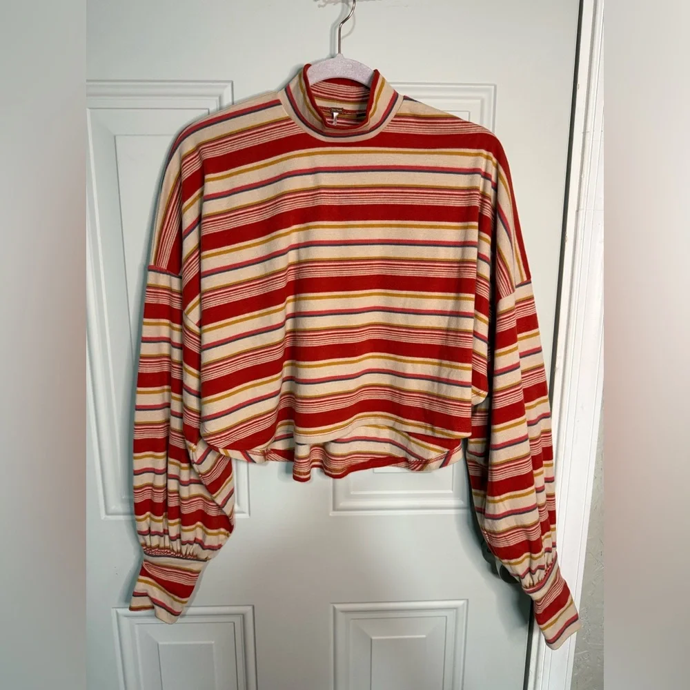 Free‎ People Red and Cream Striped Long Sleeve Top. Size XS Oversized